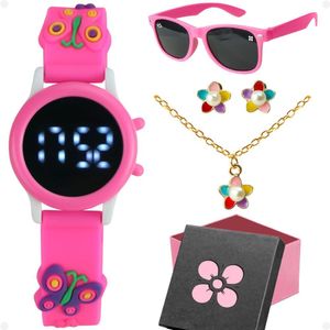 Relogio Infantil Digital + Oculos Sol Caixa Brinco Colar Rosa Caixa Led Qualidade Premium Presente
