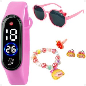 Relogio Led Infantil + Pulseira Brinco + Anel + Oculos Sol Silicone Pink Presente Criança Garota Led