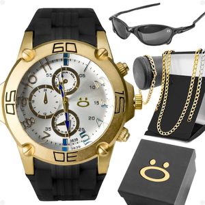 Relogio Masculino Aço + Cordao Pulseira + Oculos Sol + Caixa Qualidade Premium Banhado Dourado Preto