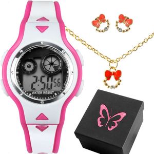 Relogio Digital Rosa Infantil + Colar Qualidade Premium Ajustavel Original Presente Alarme Pink Data