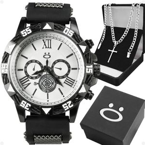 Relogio Masculino Preto Aço Inox + Cordao Crucifixo Branco Pesado Prateado Preto Grumet Robusto