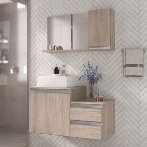 Conjunto Gabinete Banheiro Cross 80 (gabinete+espelheira+cuba) Madeirado Inteiro