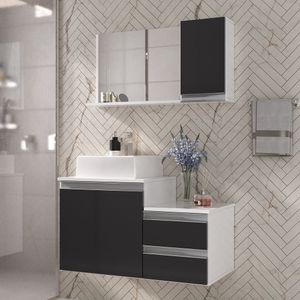 Conjunto Gabinete Banheiro Cross 80 (gabinete+espelheira+cuba) Branco Preto