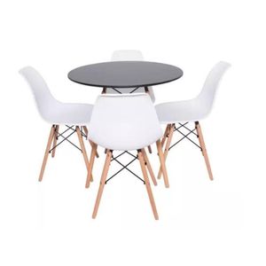 Conjunto De Mesa De Jantar Eames Eiffel Redonda 120cm Tampo De Madeira Preto Com 4 Cadeiras Brancas