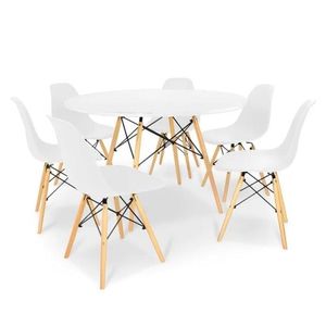 Conjunto De Mesa De Jantar Eames Eiffel Redonda 110cm Tampo De Madeira Branco Com 6 Cadeiras Brancas