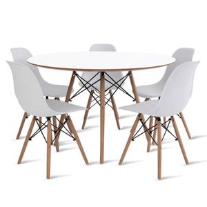 Conjunto De Mesa De Jantar Eames Eiffel Redonda 100cm Tampo De Madeira Branco Com 5 Cadeiras Brancas