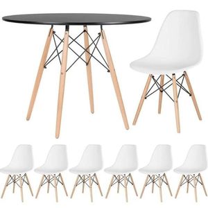 Conjunto De Mesa Redonda Eames 100cm Preto + 6 Cadeiras Eiffel Dsw Branco