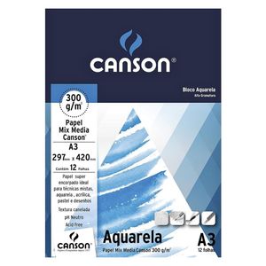 Bloco Papel Aquarela Mix Media A3 300g 12 Folhas Canson