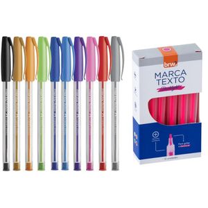 Kit Caneta Trilux Com 10 Cores + Caixa Marca Texto Fluorescente Laranja