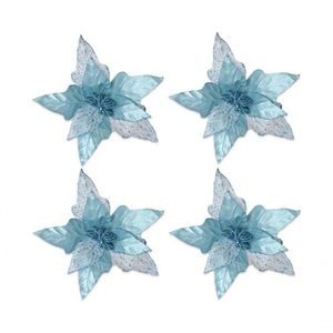 Kit Com 4 Flores Poinsetia Decorativa Azul 31cm