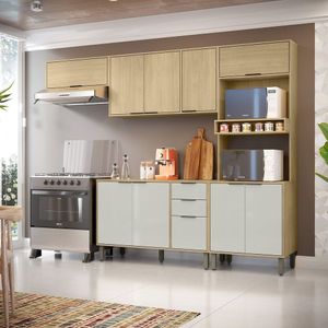 Cozinha Modulada Glória 5 Peças Com Aéreo 1200 3 Portas, Tampo E Torre 2 Fornos Castanho Off White