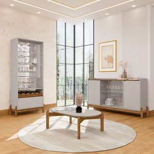Conjunto Cristaleira E Buffet Bari Com Mesinha Oblonga Off White Cedro
