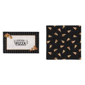 Kit 2 Jogo Americano + 2 Guardanapos + 2 Argolas Noite Da Pizza Preto Amarelo