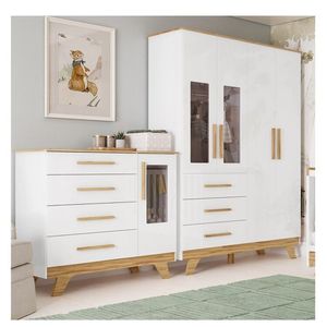 Quarto Infantil Com Guarda-roupa E Cômoda Com Janelas 100% Mdf Retrô Kakau Espresso Móveis Branco Brilho Amêndoa