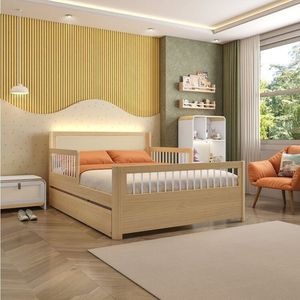 Bicama Casal Wave Infantil Reversível Em Led Com Rattan E Grade De Proteção Palito Casatema Branco Natural