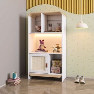 Estante Infantil Wave 1 Porta Em Rattan, Com Led E 4 Nichos Casatema Branco Natural