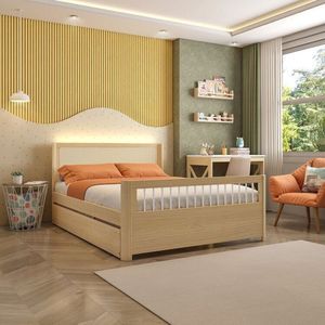Bicama Casal Wave Juvenil Reversível Em Led Com Rattan, Peseira Palito Casatema Branco Natural