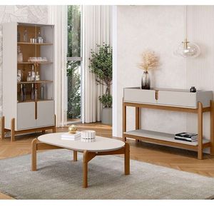 Conjunto Cristaleira Bari Com Aparador 2 Gavetas E Mesinha De Oblonga Off White Cedro