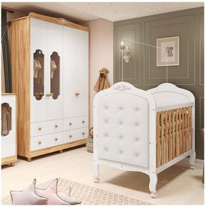 Quarto De Bebê Com Guarda-roupa Com Janelas E Berço Com Capitonê Maya Provençal Espresso Móveis Branco