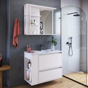 Gabinete De Banheiro 80cm Estela Com Espelheira 01 Gavetão E 1 Basculante Branco Com Lavatório Branco