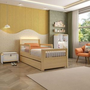 Bicama Solteiro Reversível Com Estante 4 Nichos Em Led E Sapateira 1 Pt Infantil Wave Casatema Branco Natural