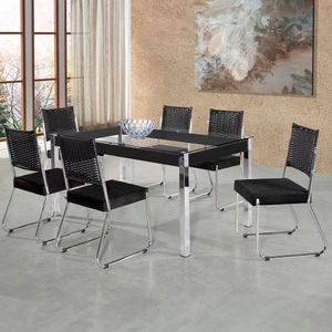 Mesa De Jantar Claudia Com Tampo Kanon 6 Cadeiras Aço Nobre Preto Com Transparente