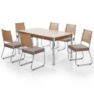 Mesa De Jantar Claudia Com Tampo Kanon 6 Cadeiras Aço Nobre Off White, Bege E Nogal
