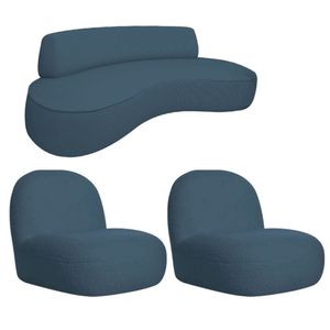 Sofá Curvo 200cm 2 Lugares E 2 Poltrona Orgânico Amsterdã Linho Adj Decor Azul Royal