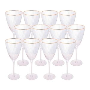 Jogo 12 Taças De Vinho Com Borda Dourada Lines Vidro Transparente 400ml Wolff