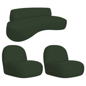 Sofá Curvo 130cm 2l E 2 Poltronas Orgânico Recepção Sala Amsterdã Linho Adj Decor Verde
