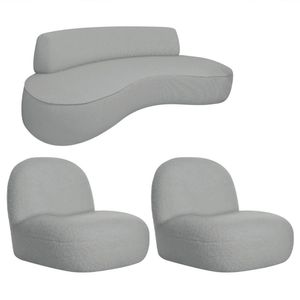 Sofá Curvo 130cm 2l E 2 Poltronas Orgânico Recepção Sala Amsterdã Bouclé Adj Decor Cinza