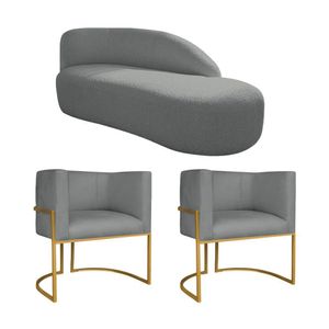 Kit Divã Luna 160cm Lado Direito E 02 Poltronas Base De Ferro Dourado Suede Cinza