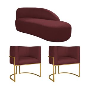 Kit Divã Luna 160cm Lado Direito E 02 Poltronas Base De Ferro Dourado Suede Bordô