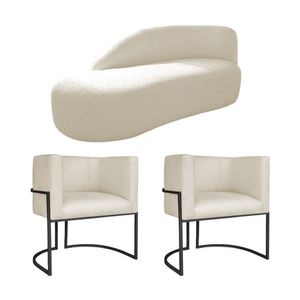 Kit Divã Luna 140cm Lado Esquerdo E 02 Poltronas Base De Ferro Preto Linho Bege