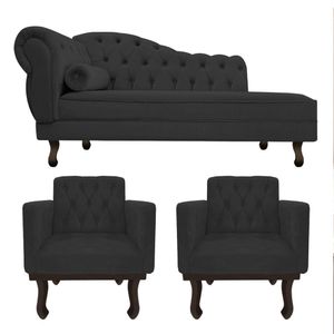 Kit Diva Recamier Diana 120cm Lado Direito E 2 Poltronas Classic Corano Adj Decor Preto