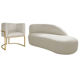 Kit Divã Luna 140cm Lado Direito E 01 Poltrona Base De Ferro Dourado Bouclé Branco