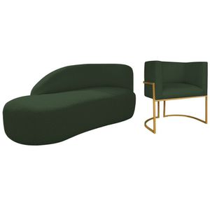 Kit Divã Luna 185cm Lado Esquerdo E 01 Poltrona Base De Ferro Dourado Linho Verde