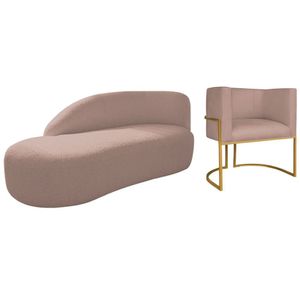 Kit Divã Luna 185cm Lado Esquerdo E 01 Poltrona Base De Ferro Dourado Linho Rosê