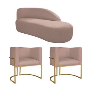 Kit Divã Luna 185cm Lado Direito E 02 Poltronas Base De Ferro Dourado Linho Rosê