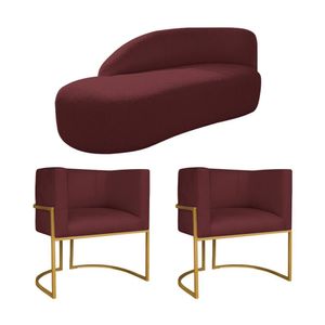 Kit Divã Luna 140cm Lado Esquerdo E 02 Poltronas Base De Ferro Dourado Suede Bordô