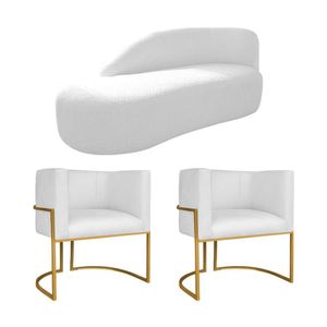 Kit Divã Luna 160cm Lado Esquerdo E 02 Poltronas Base De Ferro Dourado Suede Branco