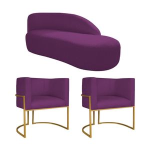 Kit Divã Luna 185cm Lado Direito E 02 Poltronas Base De Ferro Dourado Suede Roxo