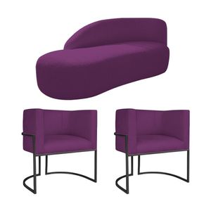 Kit Divã Luna 160cm Lado Esquerdo E 02 Poltronas Base De Ferro Preto Suede Roxo