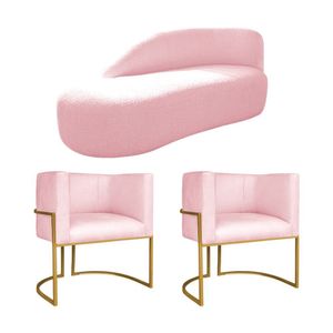 Kit Divã Luna 185cm Lado Esquerdo E 02 Poltronas Base De Ferro Dourado Suede Rosa Bebê