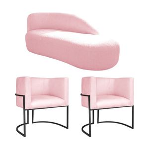 Kit Divã Luna 185cm Lado Direito E 02 Poltronas Base De Ferro Preto Suede Rosa Bebê