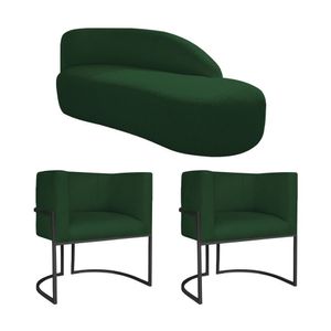 Kit Divã Luna 185cm Lado Direito E 02 Poltronas Base De Ferro Preto Suede Verde