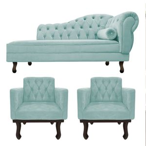 Kit Diva Recamier Diana 120cm Lado Esquerdo E 2 Poltronas Classic Suede Azul Tiffany
