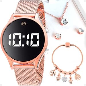 Relogio Feminino Rosê Aço Digital Colar Caixa Brincos