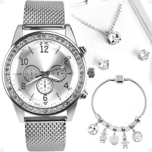 Relogio Feminino Aço Strass Pandora Brincos Colar