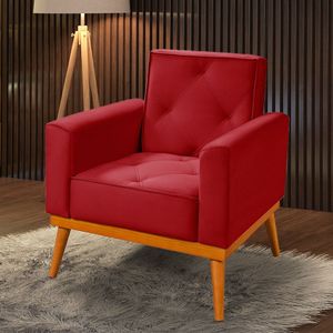 Poltrona Florença Base Em Madeira Maciça Veludo Vermelho